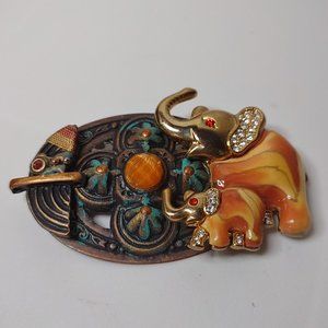 Awesome Metal And Plastic Gold Tone Lucky Elephant Brooch With Red Eyes